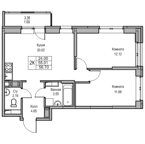 3-к eвро 56.7 м²