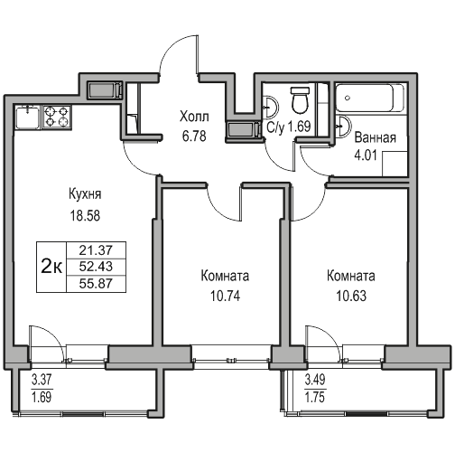 3-к eвро 55.87 м²