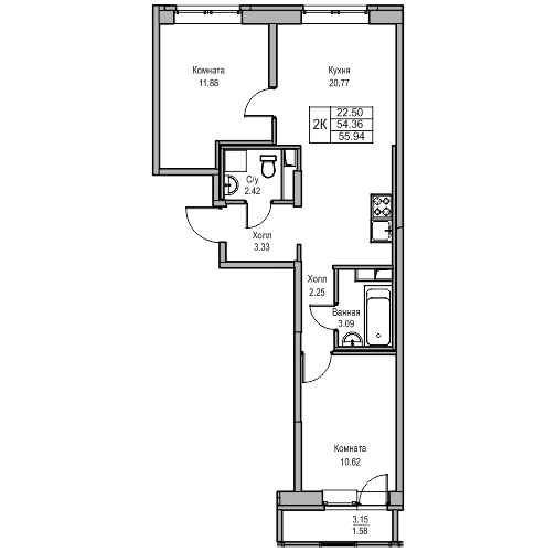 3-к eвро 55.94 м²