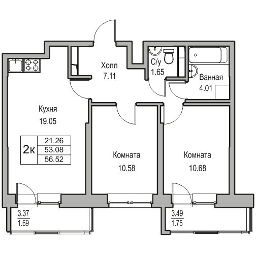 3-к eвро 56.52 м²