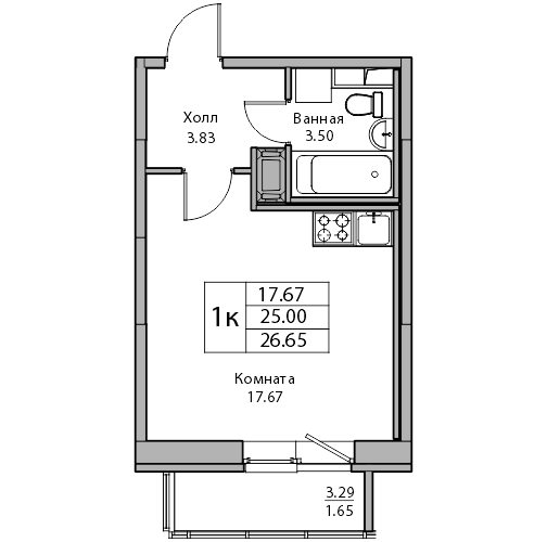 Студия 26.65 м²