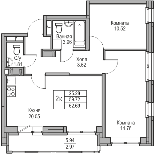 3-к eвро 62.69 м²