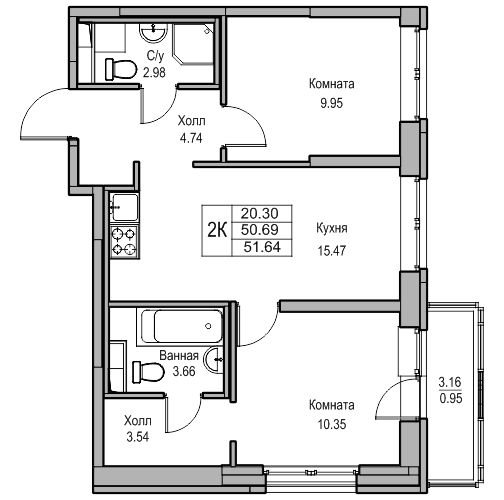 3-к eвро 51.64 м²