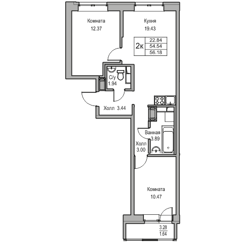 3-к eвро 56.18 м²