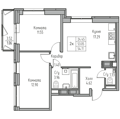 2-комнатная 54.11 м²