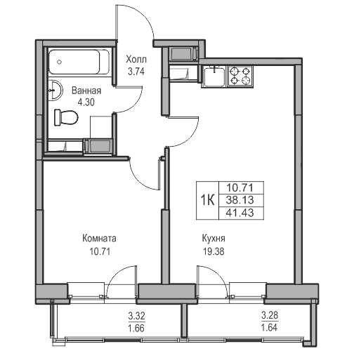 2-к eвро 41.43 м²