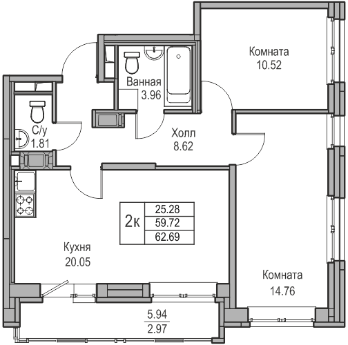 3-к eвро 62.69 м²