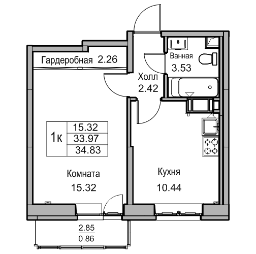 1-комнатная 34.8 м²