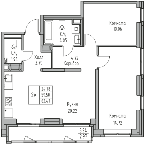 2-комнатная 62.47 м²