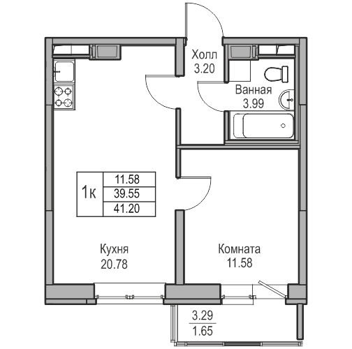 2-к eвро 41.2 м²