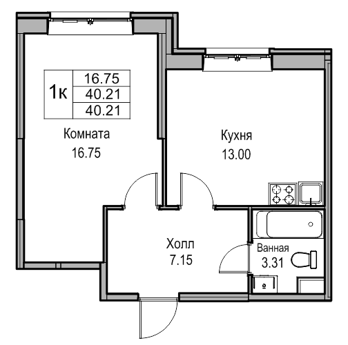 1-комнатная 40 м²