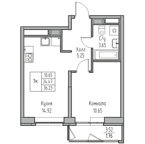 1-комнатная 36.23 м²