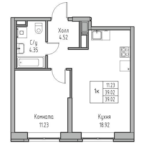 1-комнатная 39.02 м²