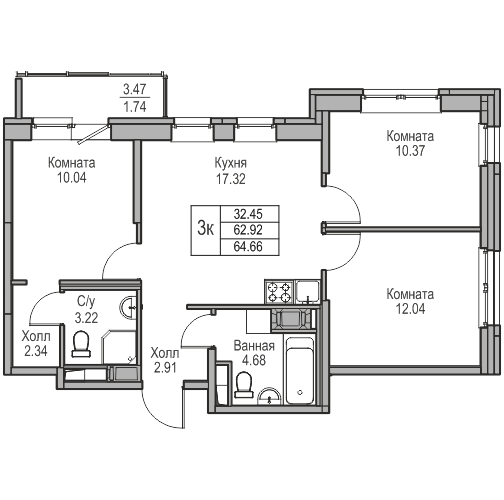 4-к eвро 64.66 м²