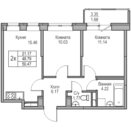 3-к eвро 50.47 м²