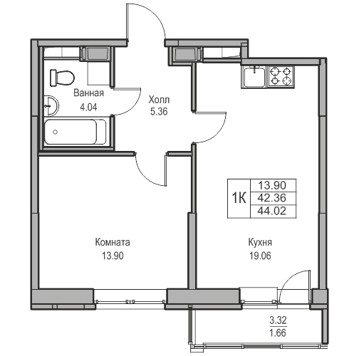 2-к eвро 44.02 м²