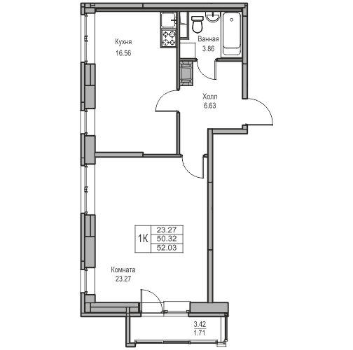 2-к eвро 52.03 м²