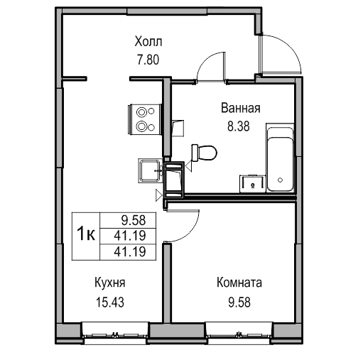 2-к eвро 40.6 м²