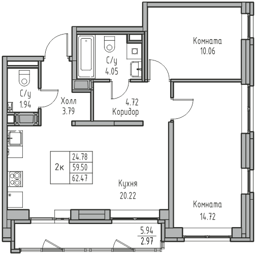 2-комнатная 62.47 м²