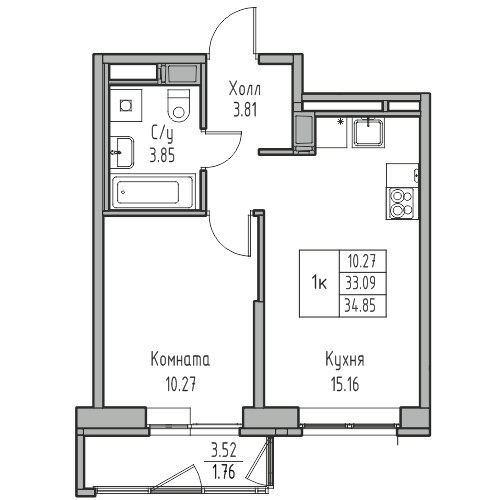 1-комнатная 34.85 м²