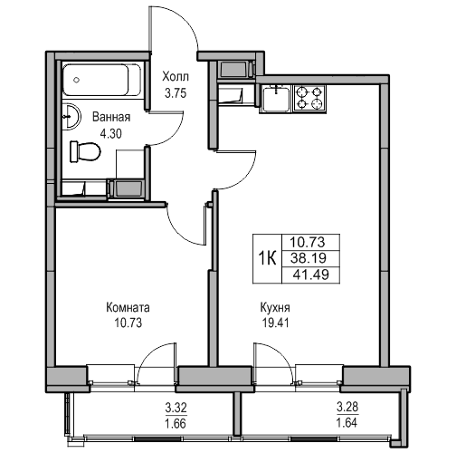 2-к eвро 41.49 м²