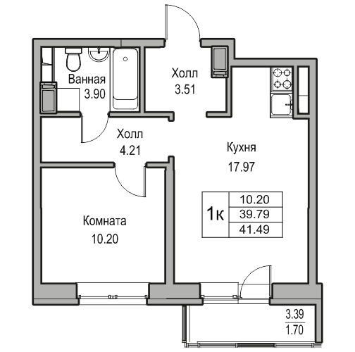 2-к eвро 41.49 м²