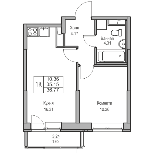 2-к eвро 36.77 м²