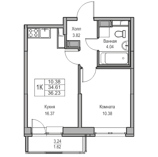 Двухкомнатная евро 36.23 м²