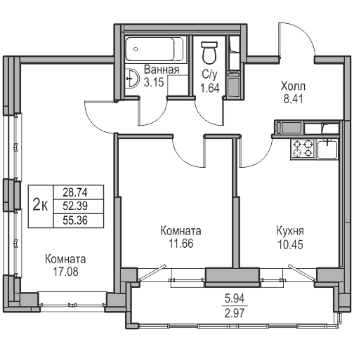 2-комнатная 55.36 м²