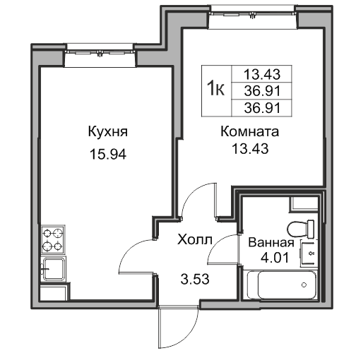 2-к eвро 36.5 м²