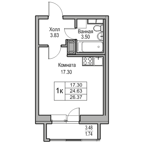 Студия 26.37 м²