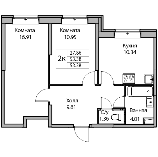 2-комнатная 53 м²