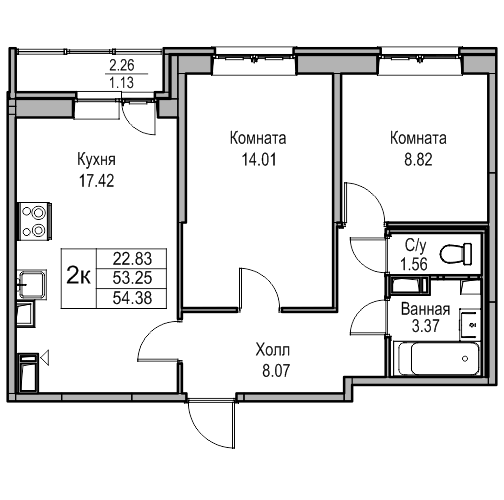 3-к eвро 53.8 м²