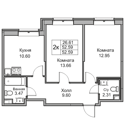 2-комнатная 52.2 м²