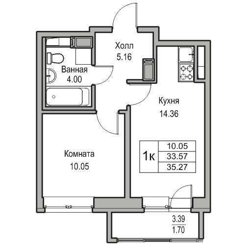 2-к eвро 35.27 м²