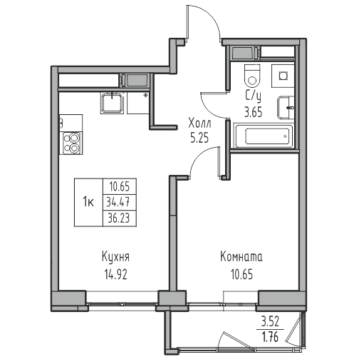 1-комнатная 36.23 м²