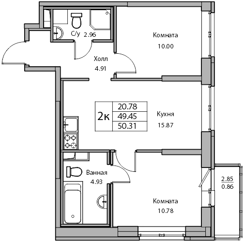 3-к eвро 50.31 м²