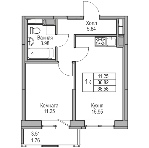 2-к eвро 38.58 м²