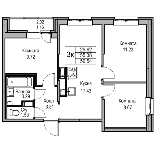 4-к eвро 56.3 м²