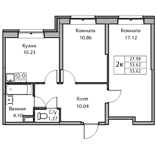 2-комнатная 53.3 м²