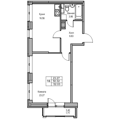 2-к eвро 52.03 м²