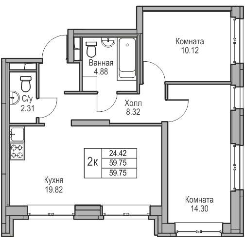 3-к eвро 59.75 м²