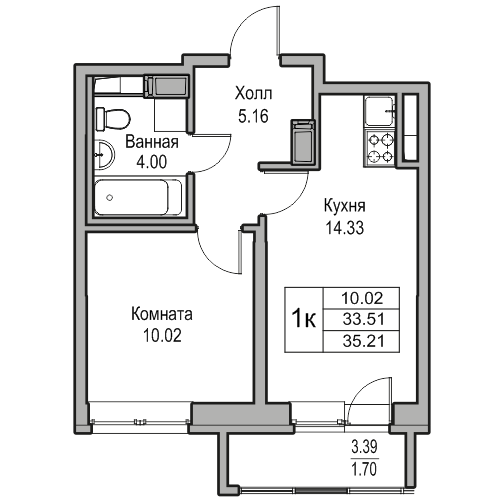 2-к eвро 35.21 м²