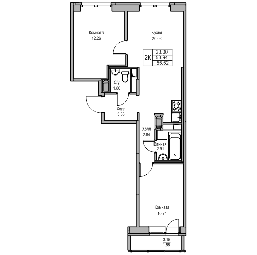 3-к eвро 55.52 м²