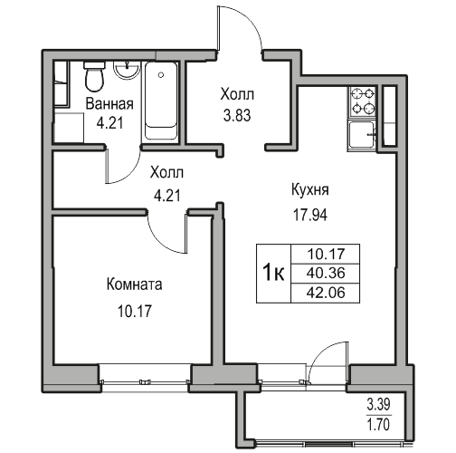 2-к eвро 42.06 м²