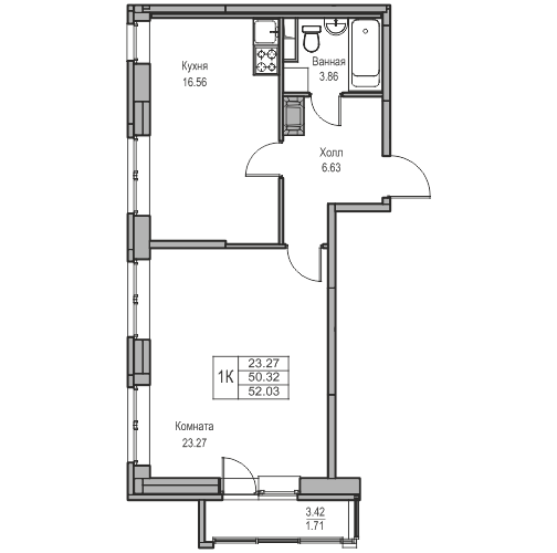 2-к eвро 52.03 м²