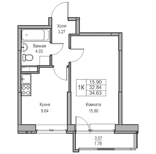 Однокомнатная 34.63 м²