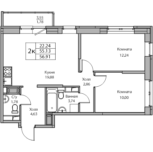 3-к eвро 56.91 м²