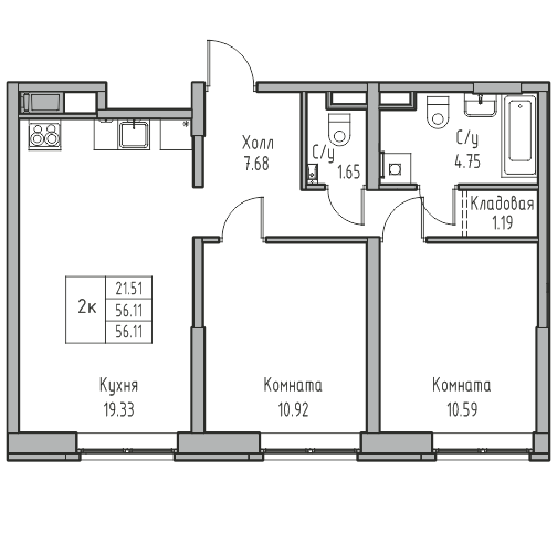 2-комнатная 56.11 м²