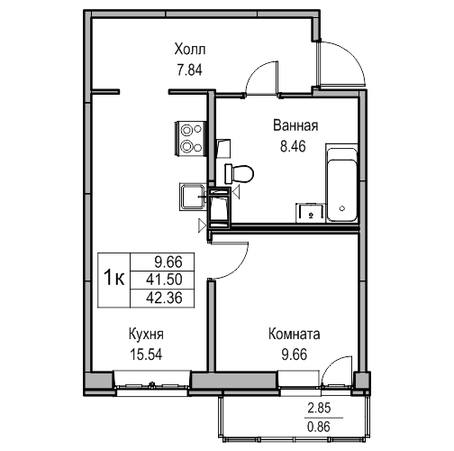 2-к eвро 42.1 м²